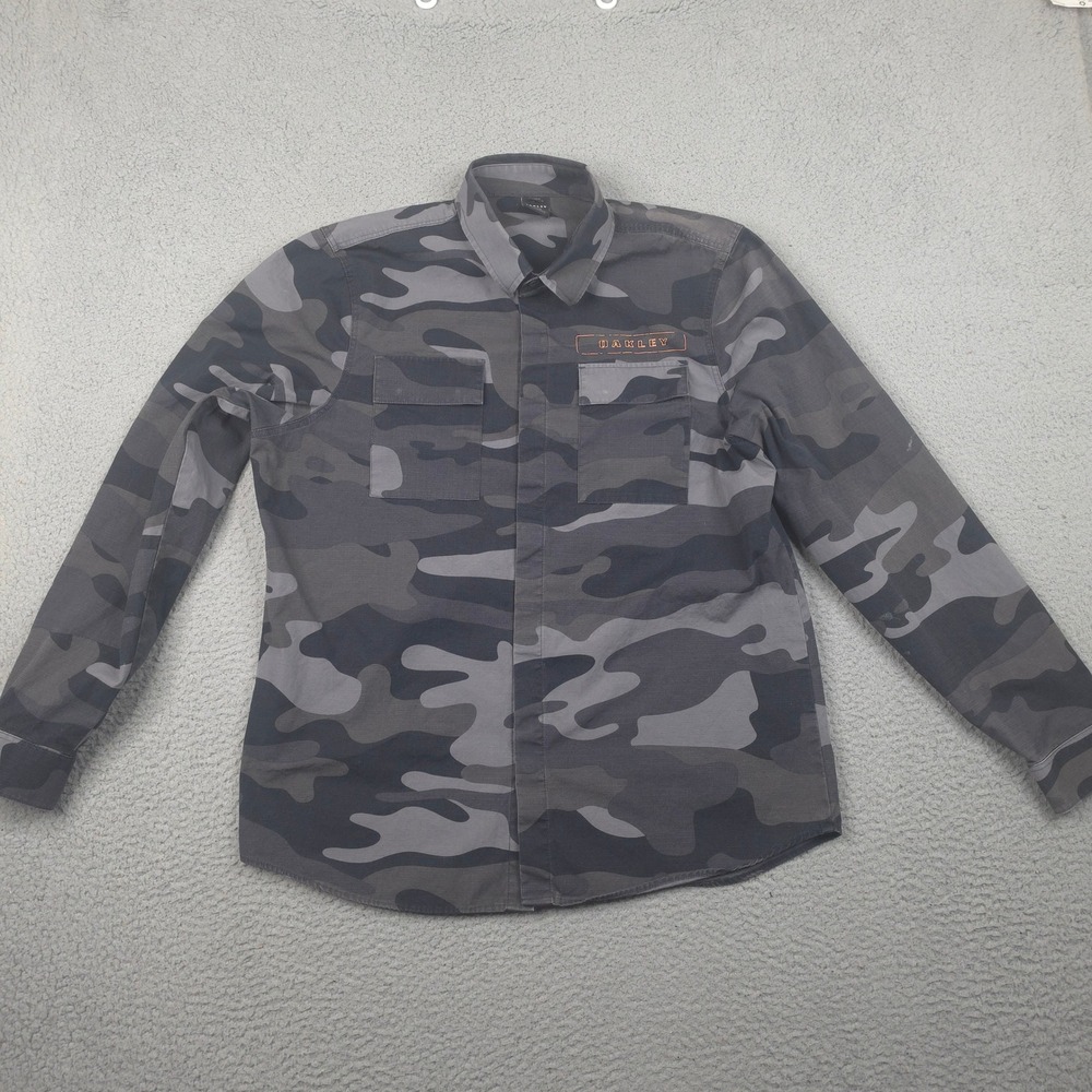 Oakley Shirt Mens Medium Gray Camo Ripstop Long Sleeve Button Down Custom Fit